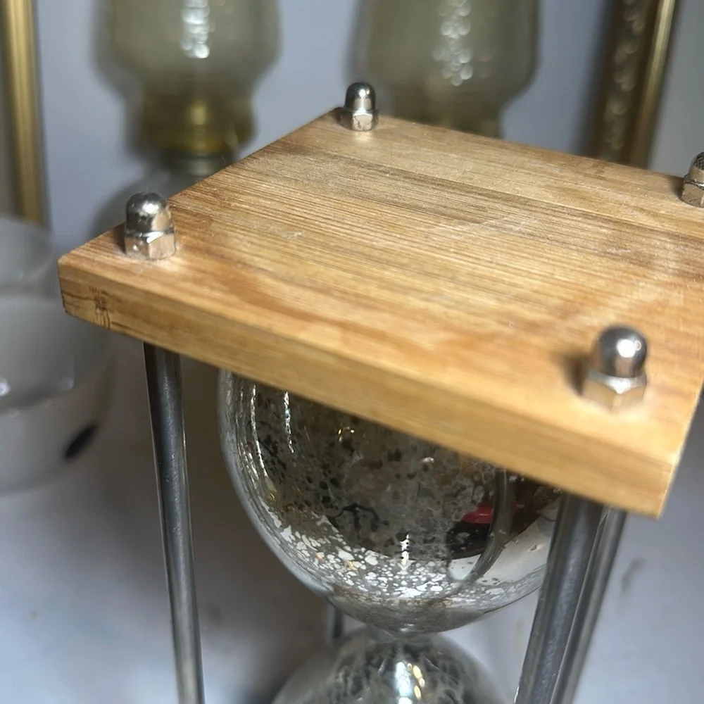 Vintage Decorative Hourglass Timer w/ Silver Mercury Glass Finish & Wooden Base